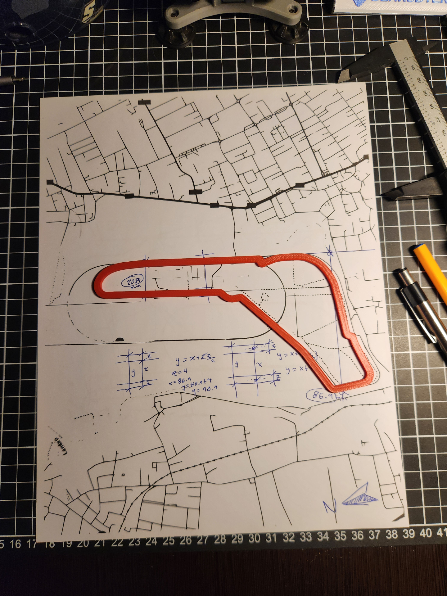 Pista de carreras impresa en 3D sobre plano dibujado a mano